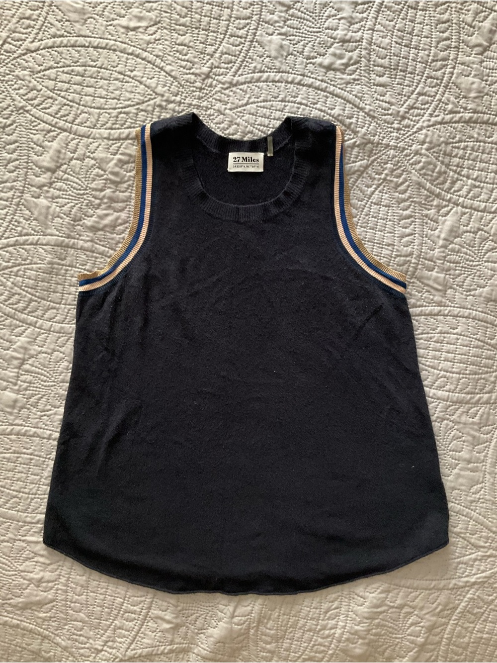 27 Miles Navy Sleeveless Knit Tank with Striped Trim